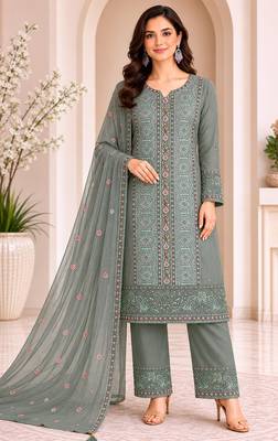 Olive chiffon semi stitched suit with embroidery & sequence work 1