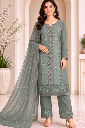 Olive chiffon semi stitched suit with embroidery & sequence work