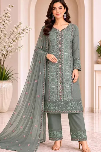 Olive chiffon semi stitched suit with embroidery & sequence work