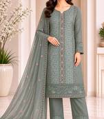 Olive chiffon semi stitched suit with embroidery & sequence work