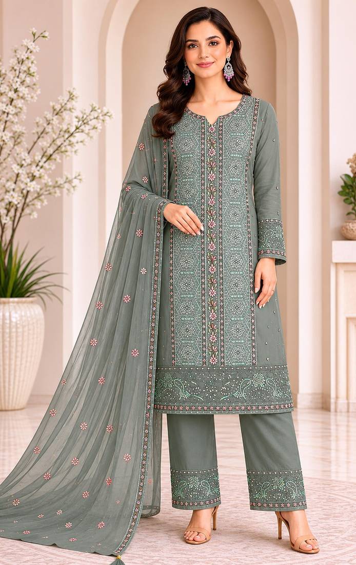 Olive chiffon semi stitched suit with embroidery & sequence work