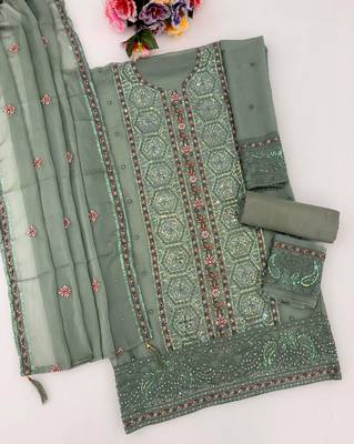 Olive chiffon semi stitched suit with embroidery & sequence work 2