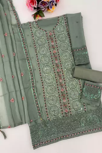 Olive chiffon semi stitched suit with embroidery & sequence work