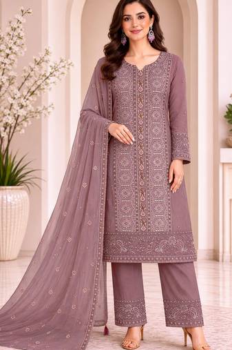 Brown chiffon semi stitched suit with embroidery & sequence work