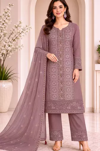 Brown chiffon semi stitched suit with embroidery & sequence work