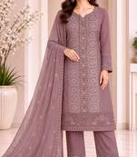 Brown chiffon semi stitched suit with embroidery & sequence work