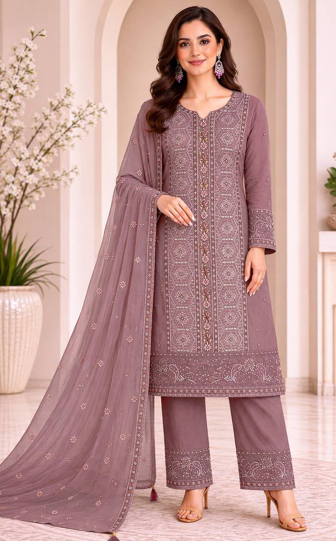 Brown chiffon semi stitched suit with embroidery & sequence work