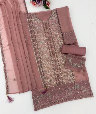 Brown chiffon semi stitched suit with embroidery & sequence work 2