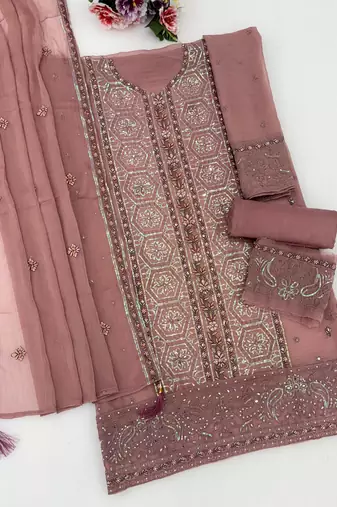 Brown chiffon semi stitched suit with embroidery & sequence work