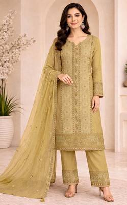 Yellow chiffon semi stitched suit with embroidery & sequence work 1