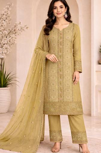 Yellow chiffon semi stitched suit with embroidery & sequence work