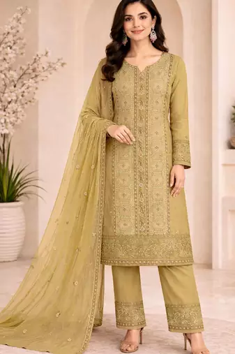 Yellow chiffon semi stitched suit with embroidery & sequence work