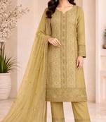 Yellow chiffon semi stitched suit with embroidery & sequence work
