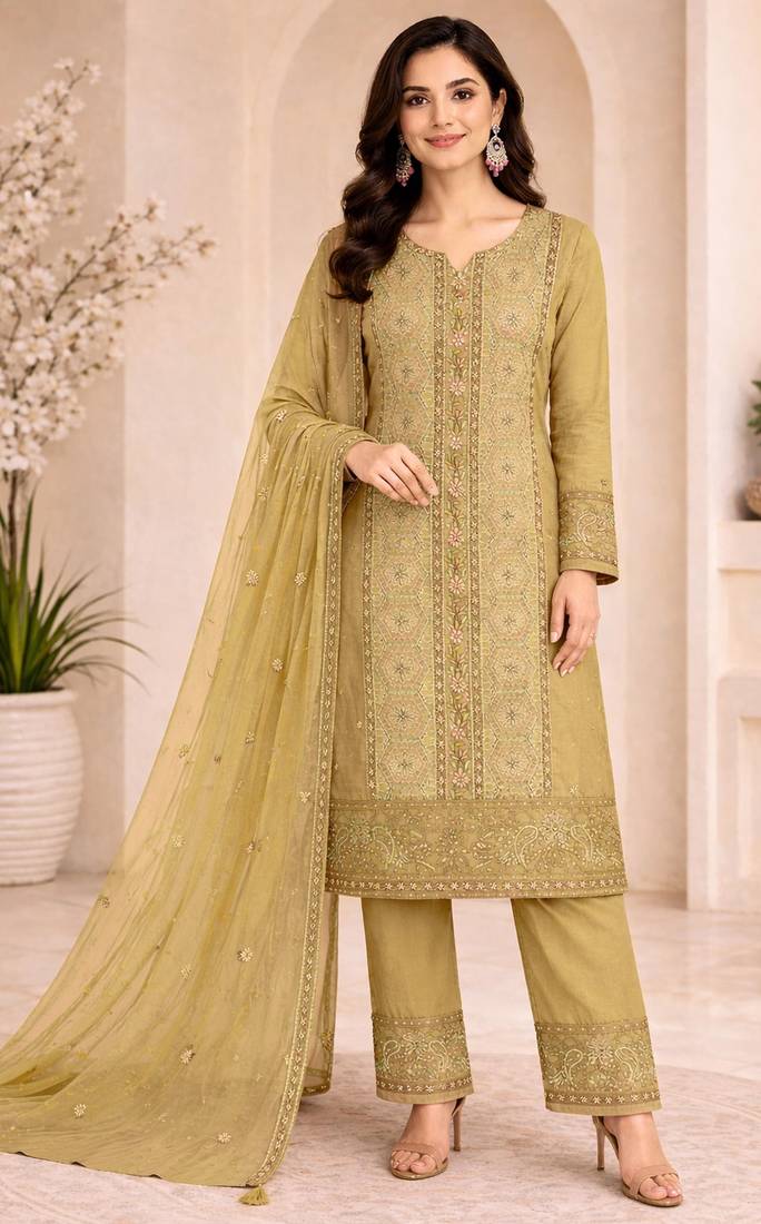 Yellow chiffon semi stitched suit with embroidery & sequence work