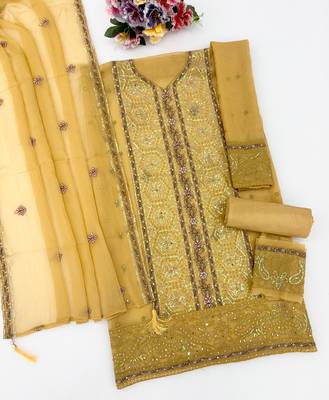Yellow chiffon semi stitched suit with embroidery & sequence work 2