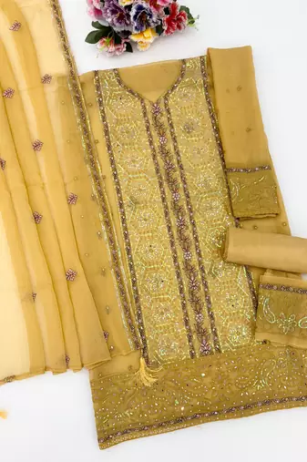 Yellow chiffon semi stitched suit with embroidery & sequence work