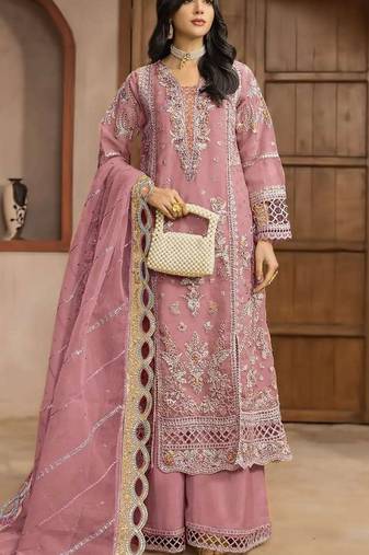Pink chiffon semi stitched suit with embroidery & sequence work