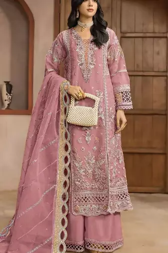 Pink chiffon semi stitched suit with embroidery & sequence work