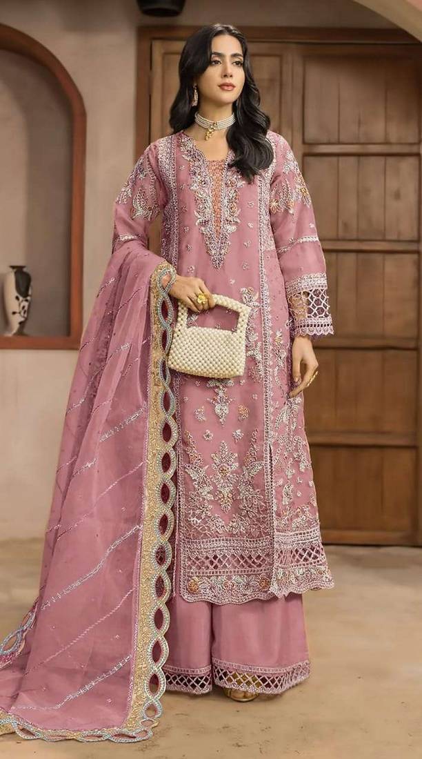 Pink chiffon semi stitched suit with embroidery & sequence work
