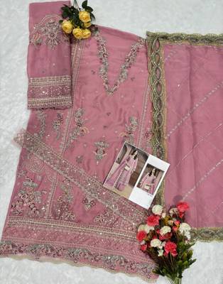 Pink chiffon semi stitched suit with embroidery & sequence work 2