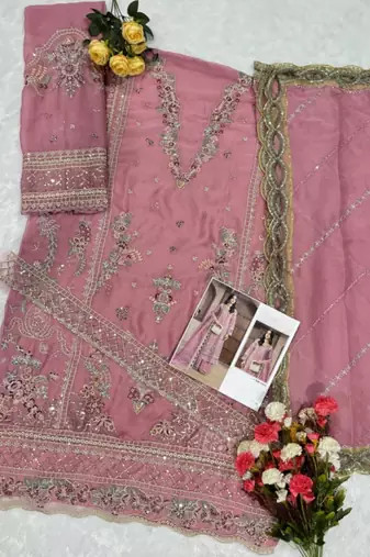 Pink chiffon semi stitched suit with embroidery & sequence work