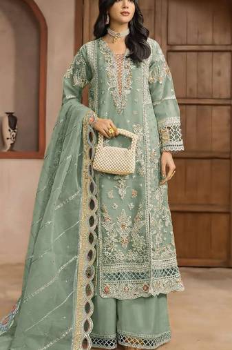 Olive chiffon semi stitched suit with embroidery & sequence work