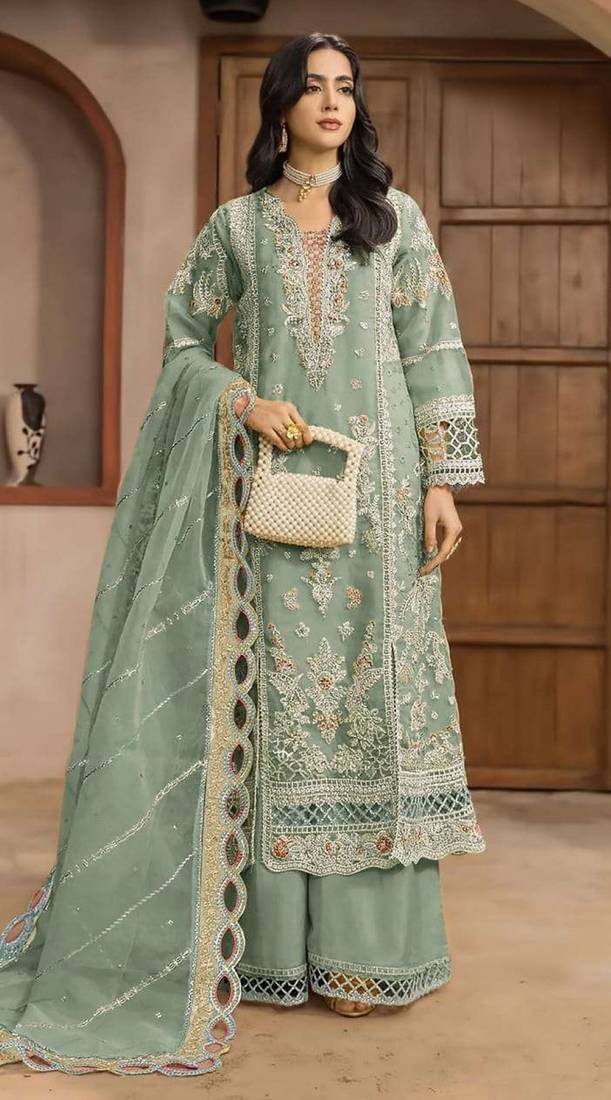 Olive chiffon semi stitched suit with embroidery & sequence work