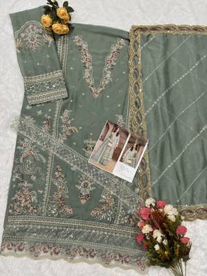 Olive chiffon semi stitched suit with embroidery & sequence work 2