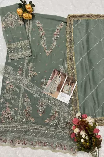 Olive chiffon semi stitched suit with embroidery & sequence work