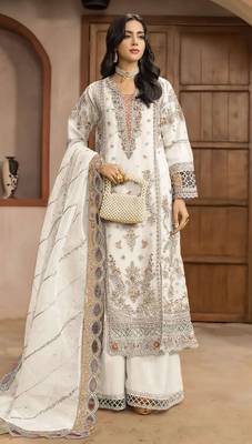 White chiffon semi stitched suit with embroidery & sequence work 1