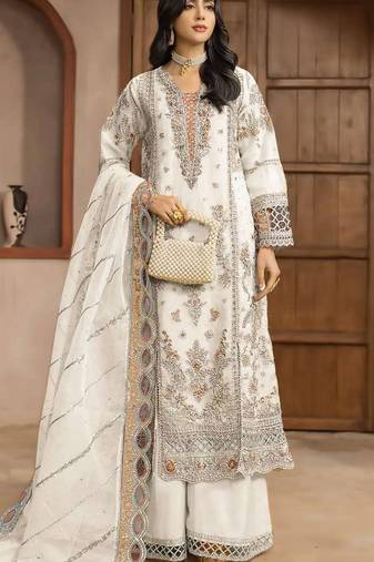 White chiffon semi stitched suit with embroidery & sequence work