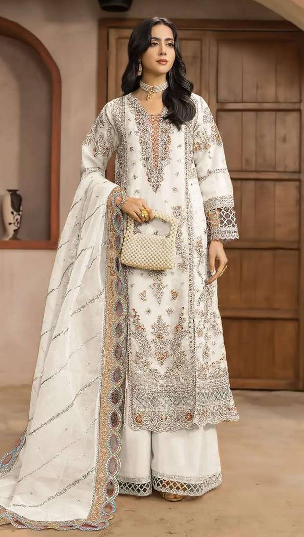 White chiffon semi stitched suit with embroidery & sequence work
