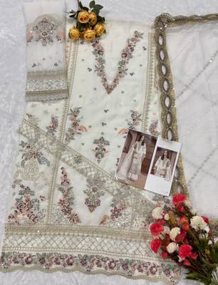 White chiffon semi stitched suit with embroidery & sequence work 2