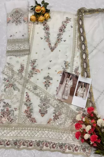 White chiffon semi stitched suit with embroidery & sequence work