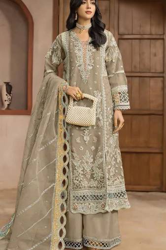 Beige chiffon semi stitched suit with embroidery & sequence work