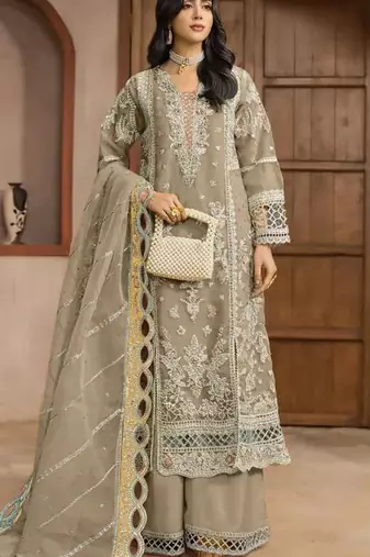 Beige chiffon semi stitched suit with embroidery & sequence work