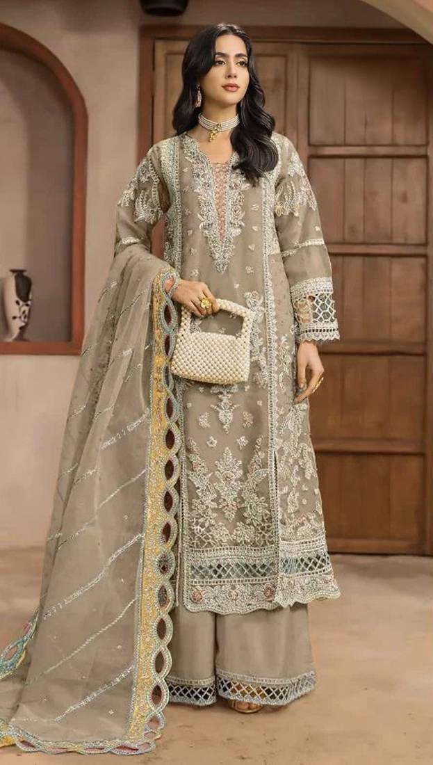 Beige chiffon semi stitched suit with embroidery & sequence work