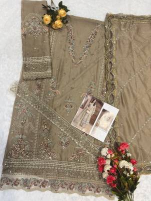 Beige chiffon semi stitched suit with embroidery & sequence work 2