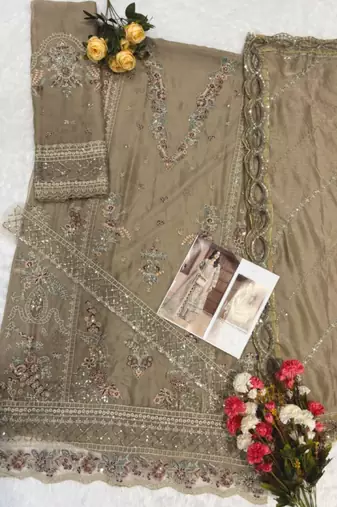 Beige chiffon semi stitched suit with embroidery & sequence work