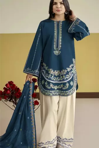 Navy silk blend semi stitched suit with embroidery work