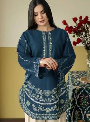 Navy silk blend semi stitched suit with embroidery work 2