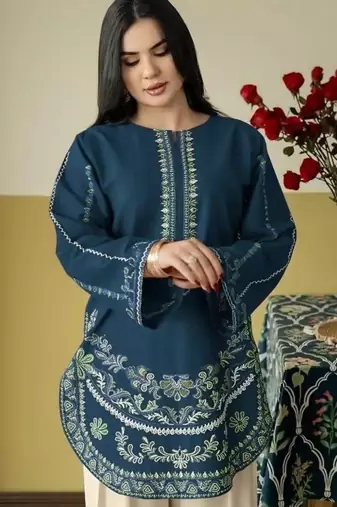 Navy silk blend semi stitched suit with embroidery work