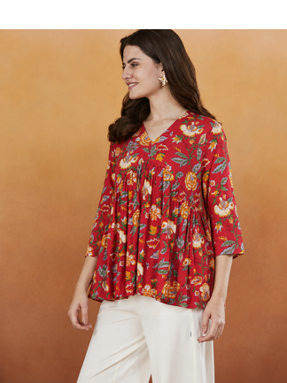 rayon floral handprinted red short kurti 1