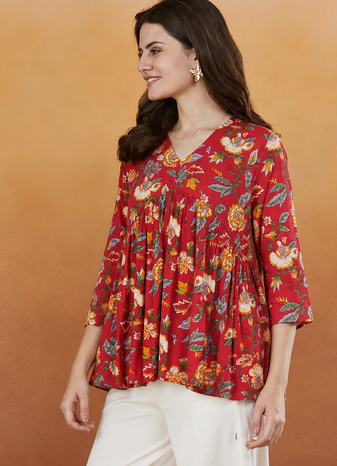 rayon floral handprinted red short kurti