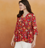 rayon floral handprinted red short kurti