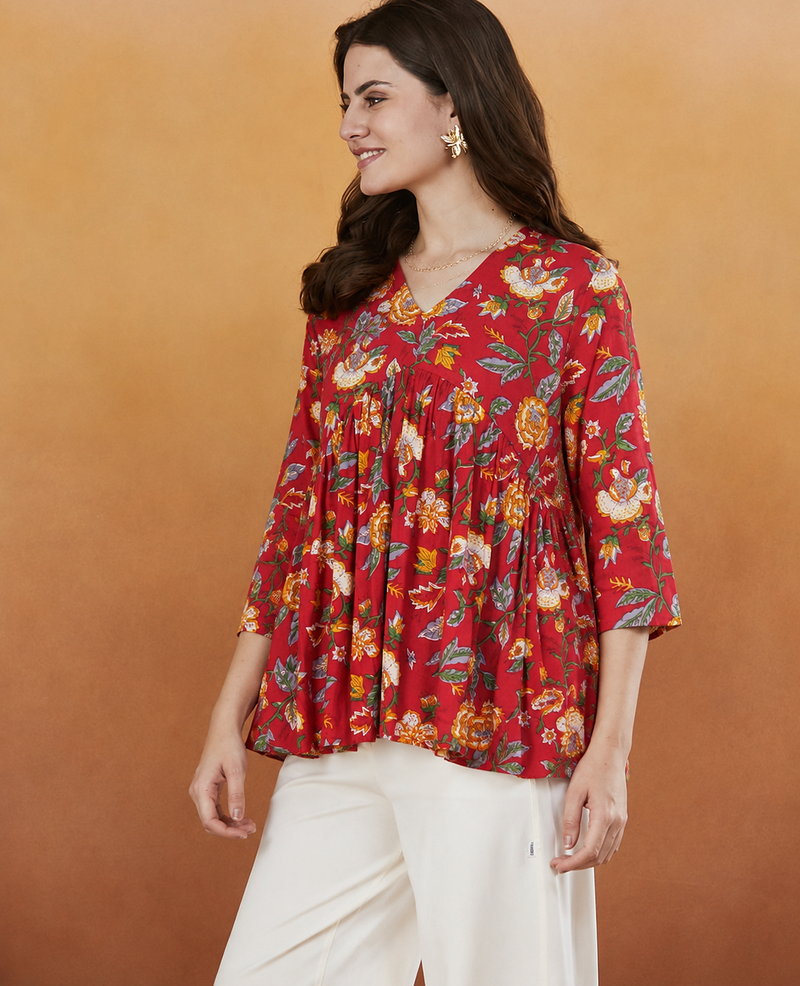 rayon floral handprinted red short kurti