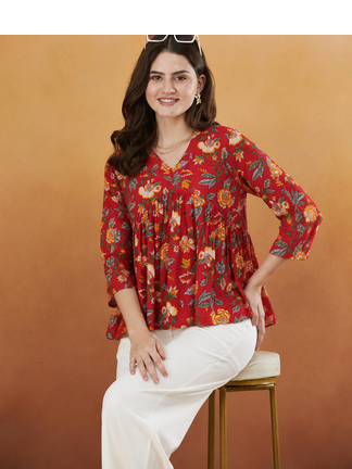 rayon floral handprinted red short kurti 2