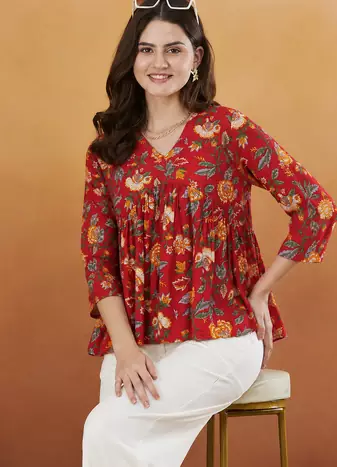 rayon floral handprinted red short kurti