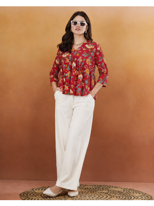 rayon floral handprinted red short kurti 3