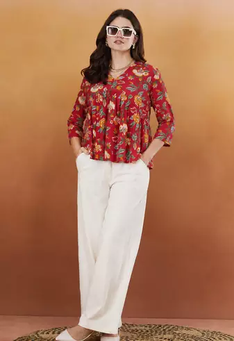 rayon floral handprinted red short kurti